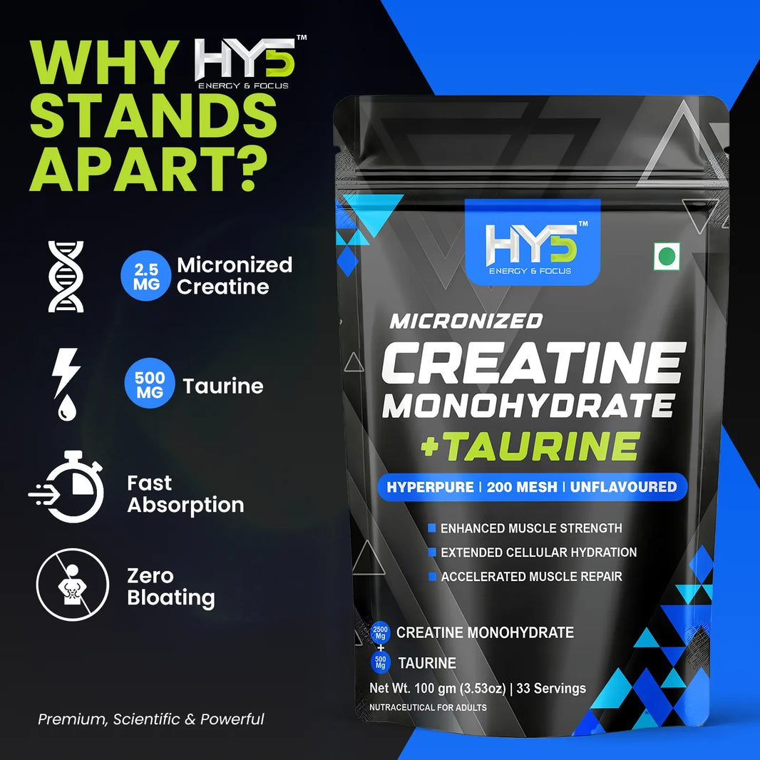 HY5 Micronized Creatine Monohydrate + Taurine — Enhanced Hydration & Strength | 100g | 33 Servings