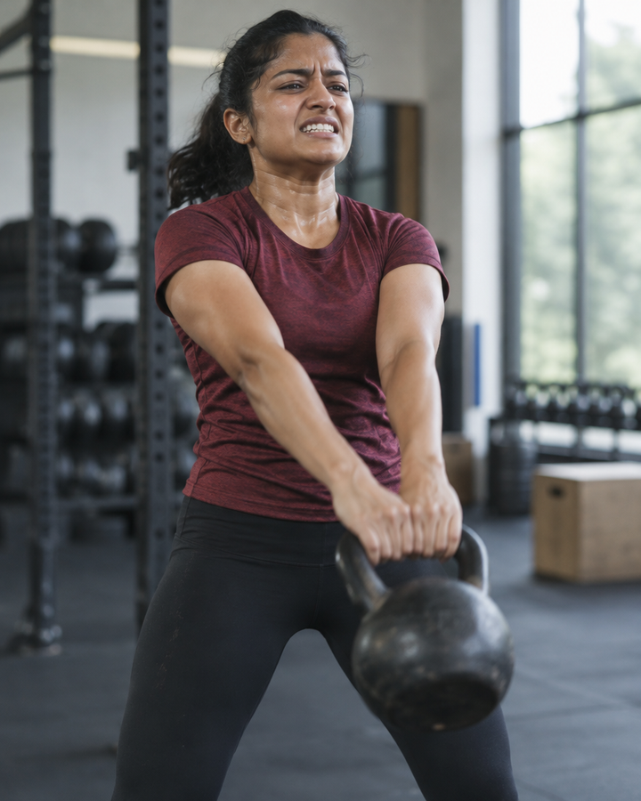 Woman straining through the last rep of a kettlebell swing