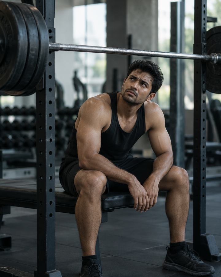 Frustrated man sitting up on a bench press after a failed set
