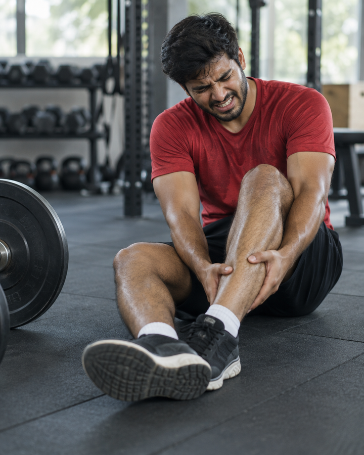 Man on a gym floor grabbing a cramping calf