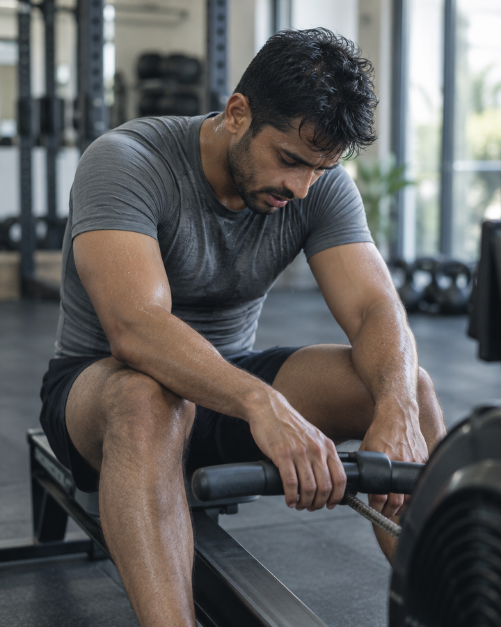 Exhausted man slumped on a rowing machine at the end of a long session