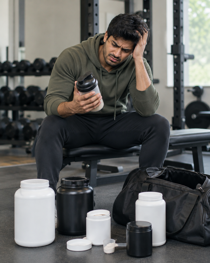 Man on a gym bench surrounded by supplement tubs