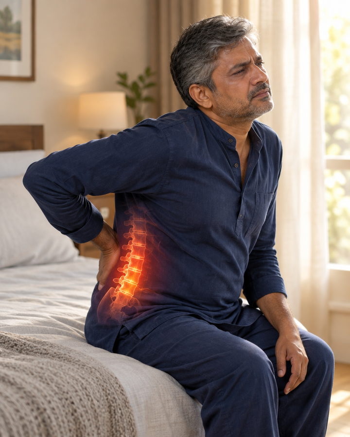 Man sitting on the edge of his bed stretching his stiff lower back in the morning