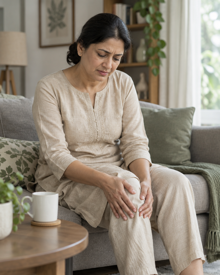 Woman in her 40s on a sofa pressing her knee