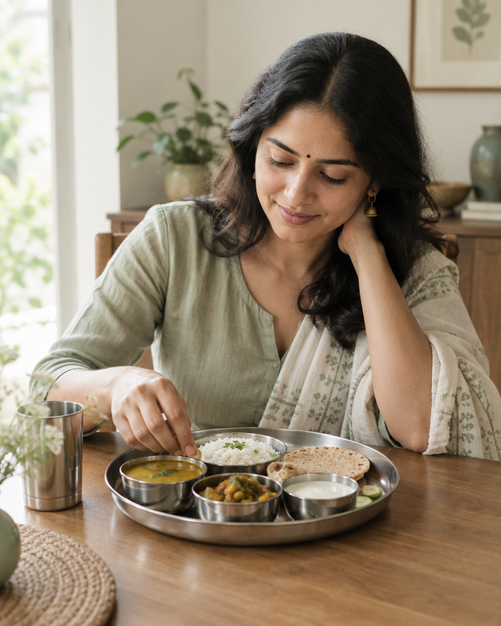 Woman at home with a vegetarian thali