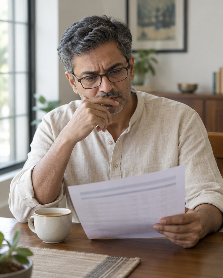 Man reading a health checkup report at home with a worried expression