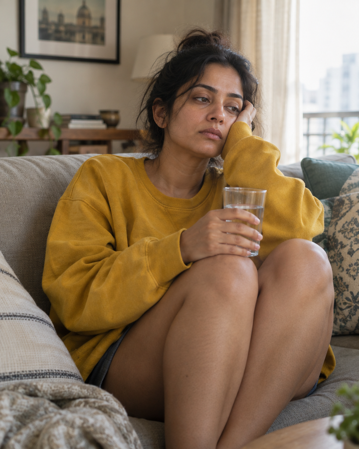 Tired woman on a sofa the morning after a late night, holding a glass of water