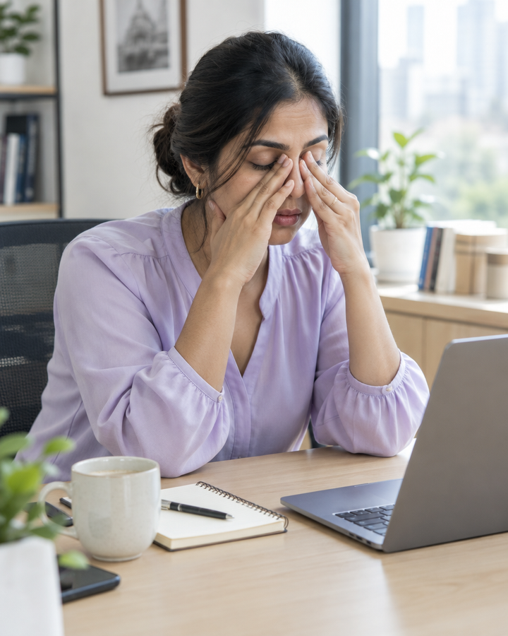 Exhausted woman rubbing her eyes at a work desk with a coffee