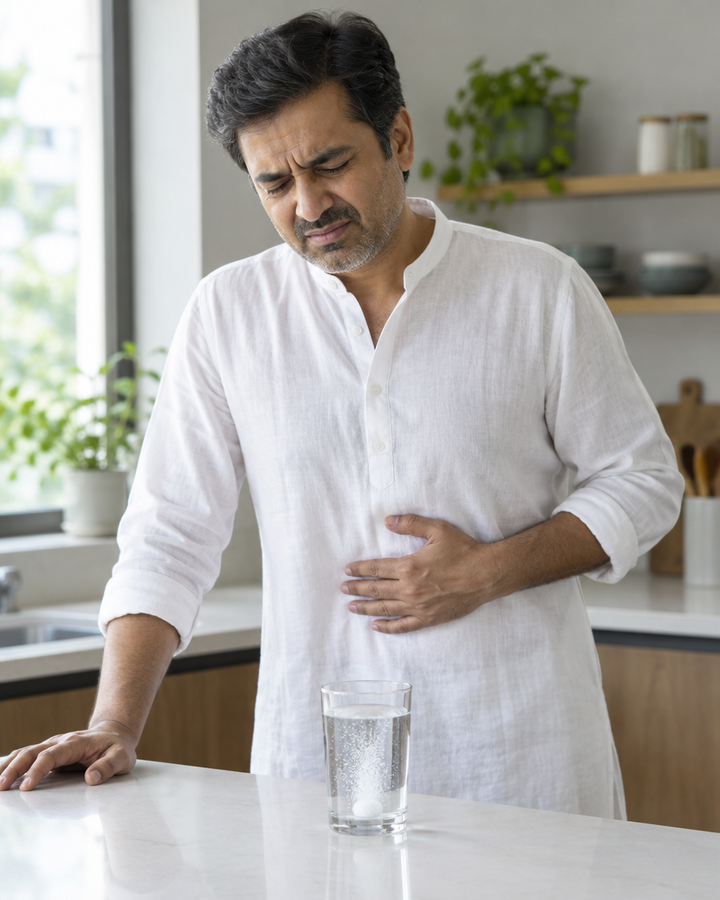 Man with stomach discomfort next to a fizzing tablet in a glass of water