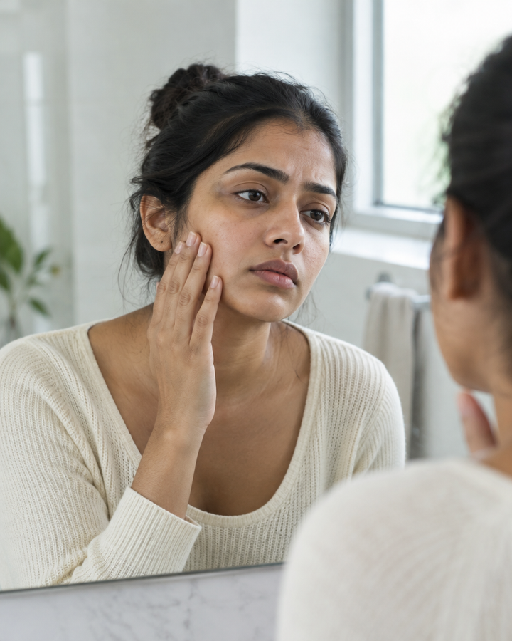 Woman checking her dull skin in a bathroom mirror
