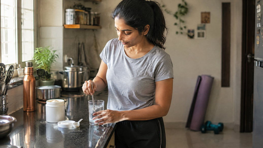 Indian woman stirring unflavoured creatine into water in her home kitchen, creatine myths India