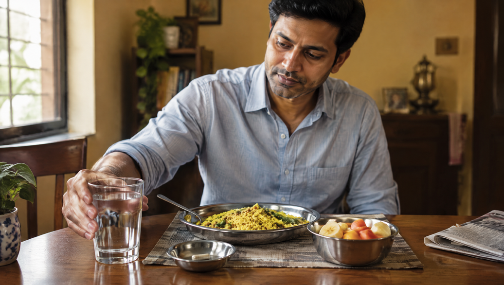 Indian man at his breakfast table with poha, water and a single capsule, do men need a multivitamin