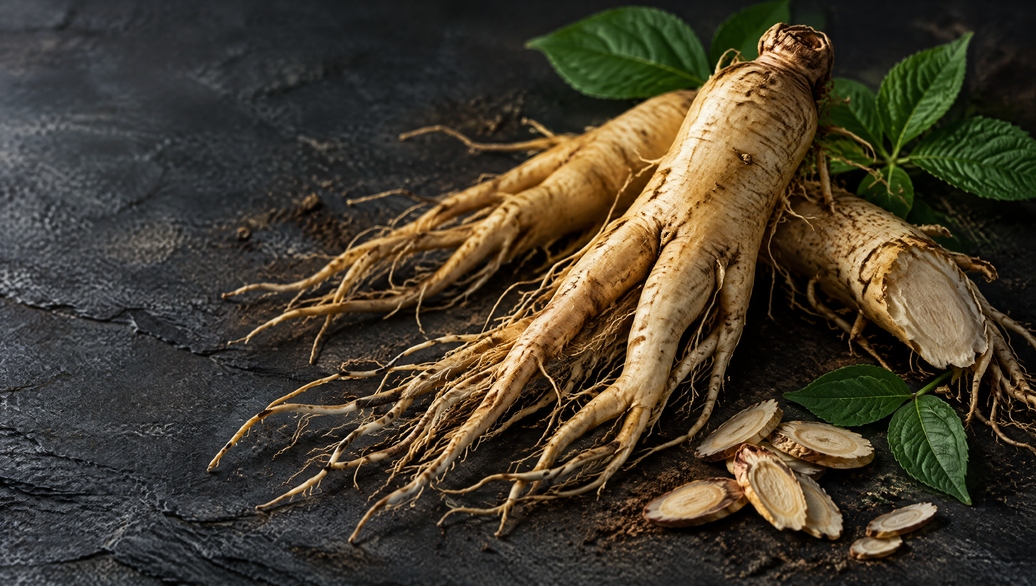 Fresh forked Panax ginseng roots and sliced ginseng on dark slate, Panax ginseng benefits explained