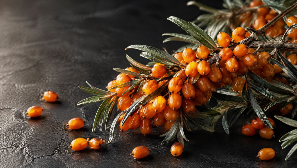 Bright orange sea buckthorn berries on silvery Himalayan branches, sea buckthorn leh berry benefits India