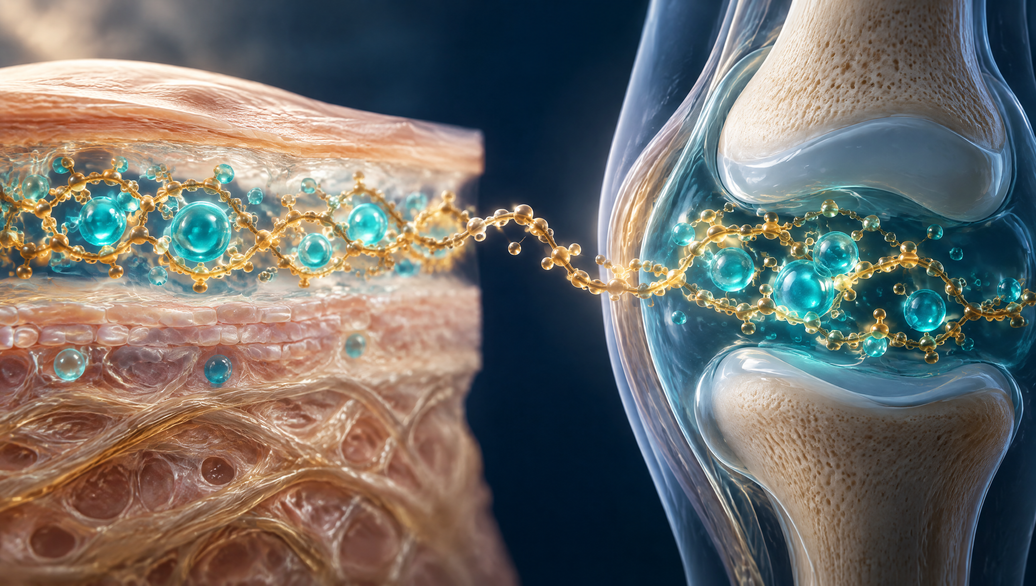 3D render of hyaluronic acid holding water in skin layers and a joint, hyaluronic acid drinking vs applying