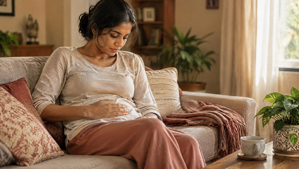 Indian woman resting a hand on her stomach after a meal at home, signs your gut needs help