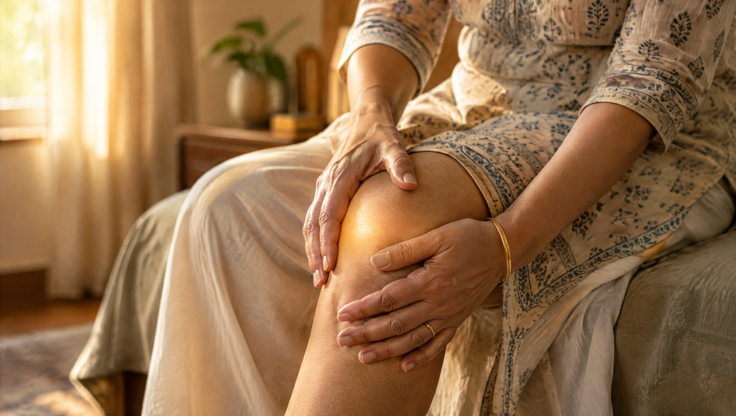 Indian woman easing a stiff knee in warm morning light at home, morning joint stiffness what helps