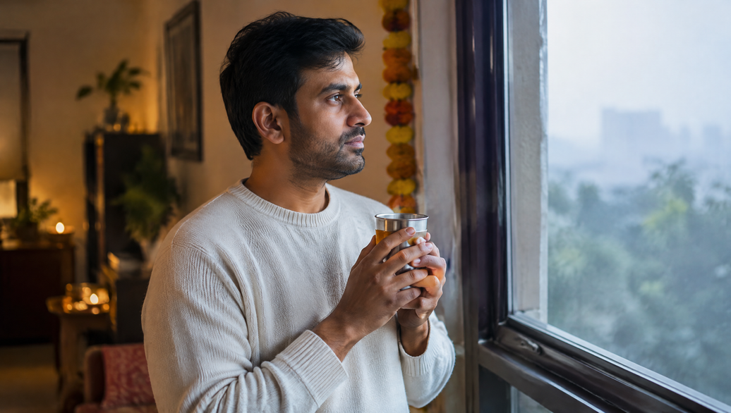 Indian man with a warm drink by a hazy window on a cool festive-season morning, season change immunity routine