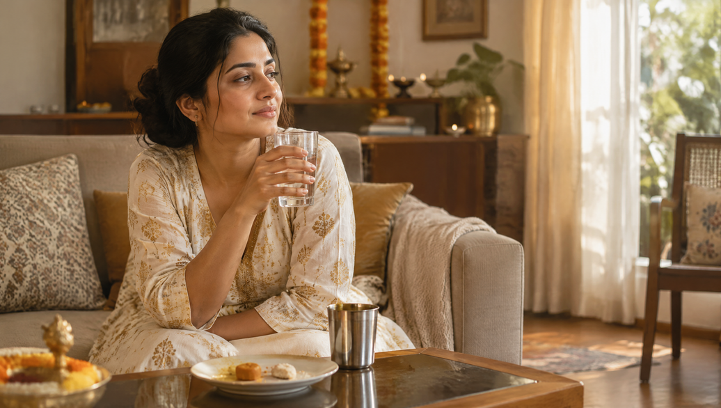 Indian woman with a glass of water resting on a sofa the morning after Diwali, festive season survival guide