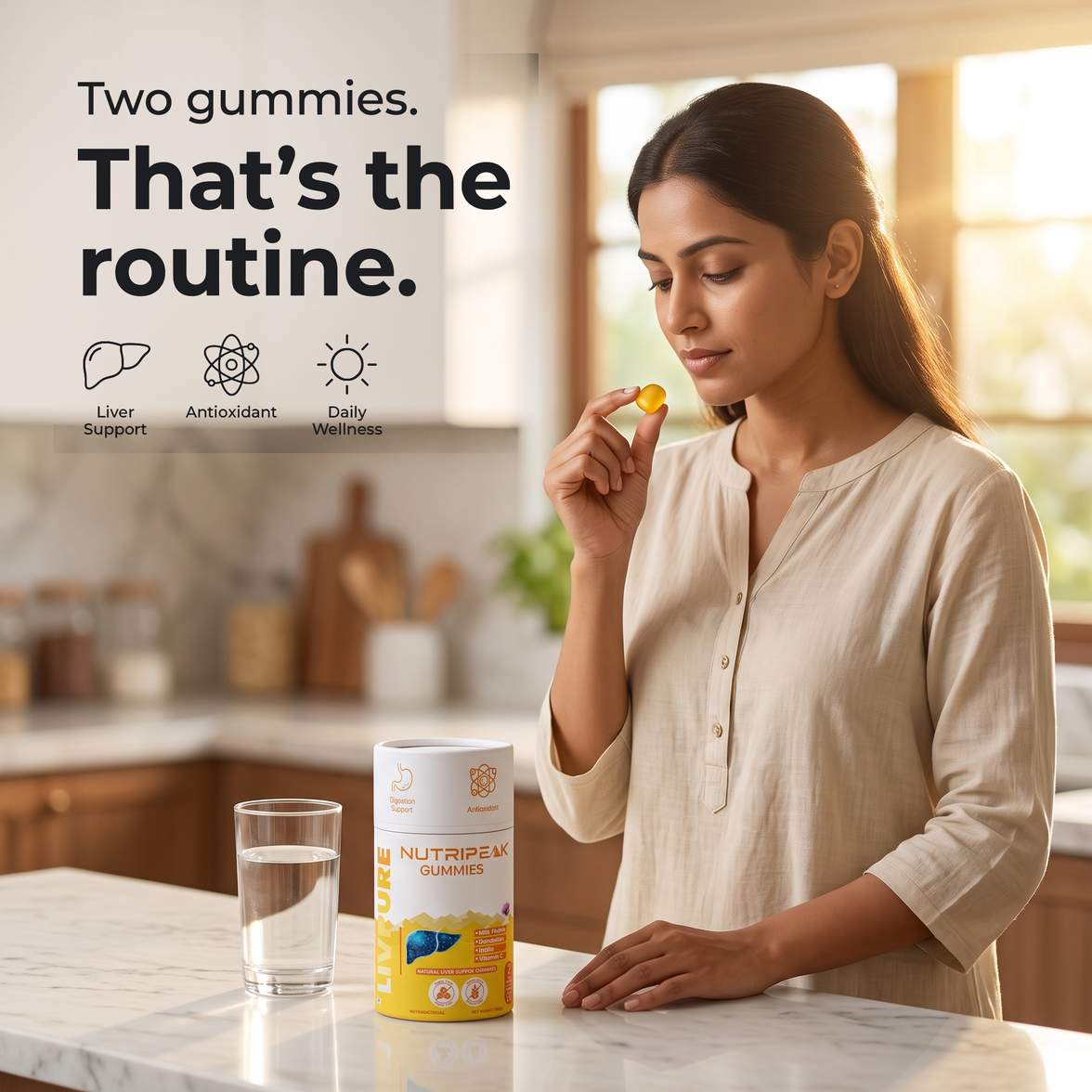LIVPURE liver support gummies jar on a kitchen counter as part of a morning routine