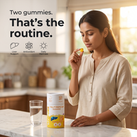 LIVPURE liver support gummies jar on a kitchen counter as part of a morning routine