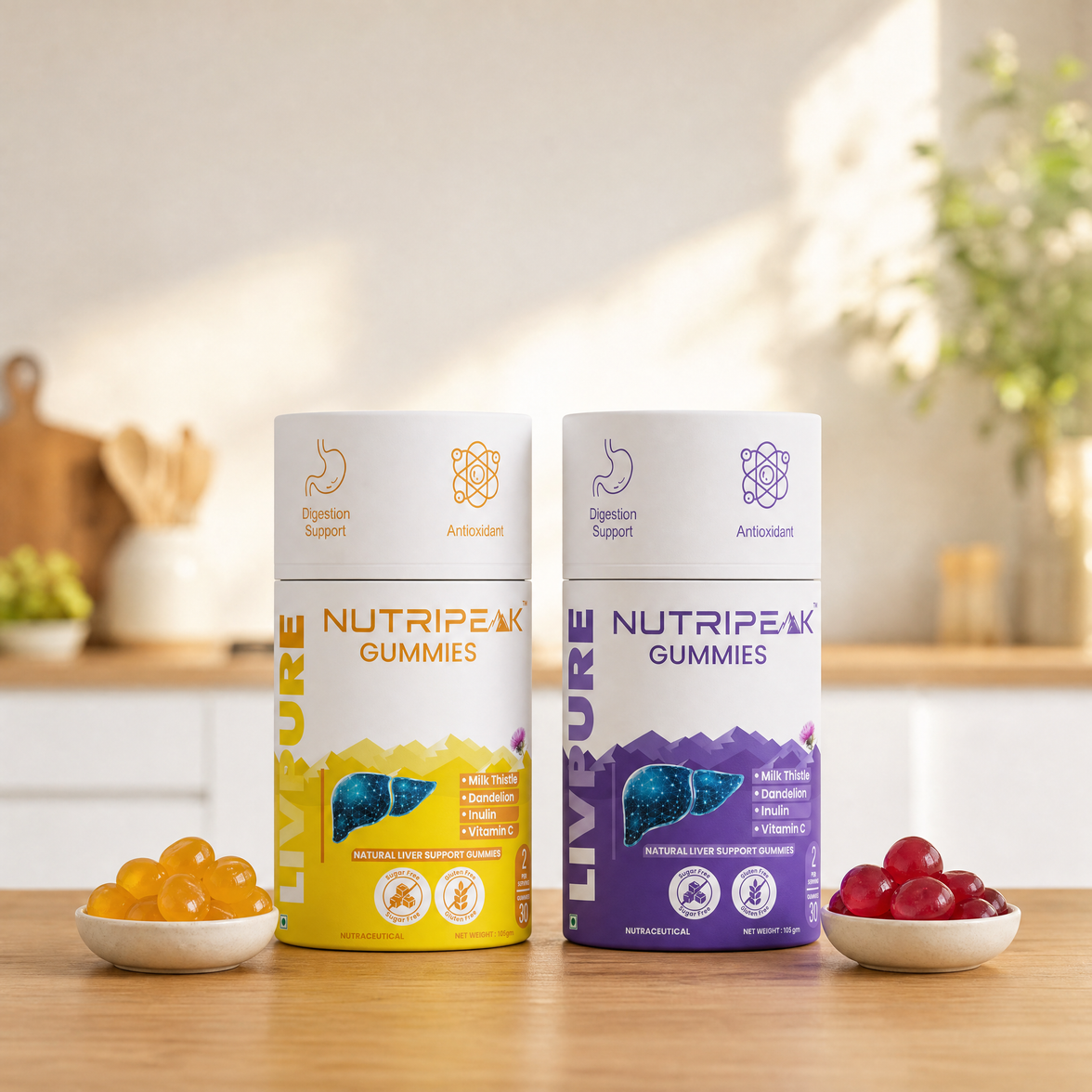Mango and Mixed Berry LIVPURE gummies side by side on a plate