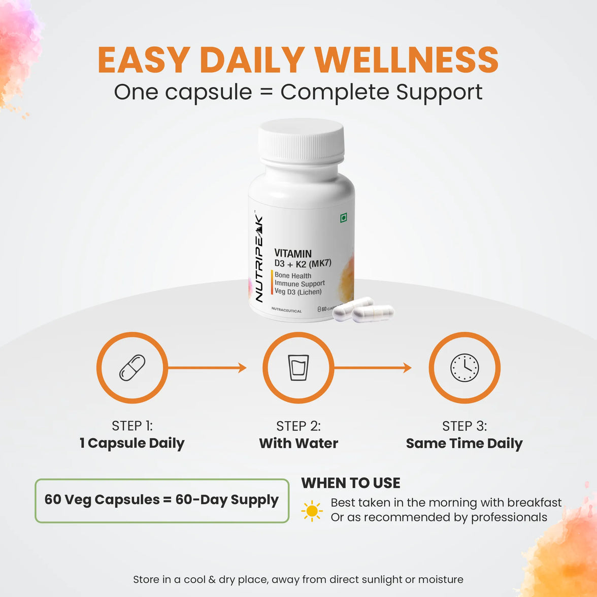 Vitamin D3 + K2 (MK7) Capsules — Bone Health & Calcium Balance | Veg D3 from Lichen | 60 Capsules