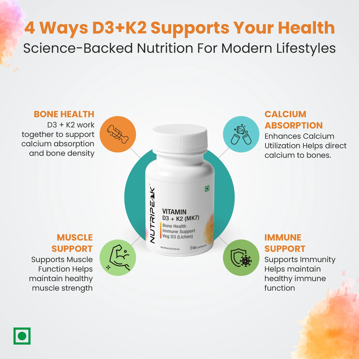 Vitamin D3 + K2 (MK7) Capsules — Bone Health & Calcium Balance | Veg D3 from Lichen | 60 Capsules