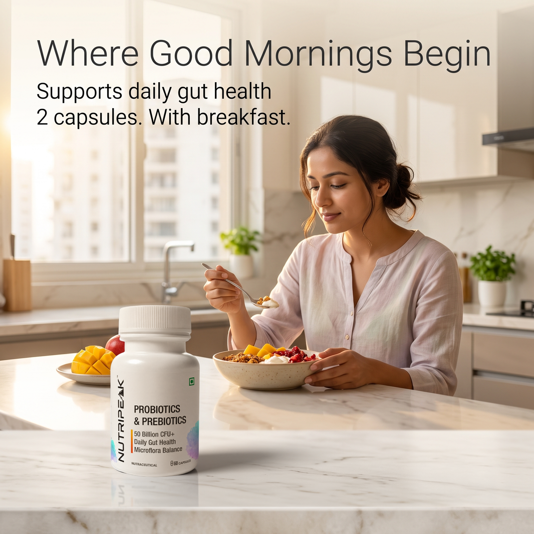 Woman taking NutriPeak probiotics with breakfast — supports daily gut health, 2 capsules a day