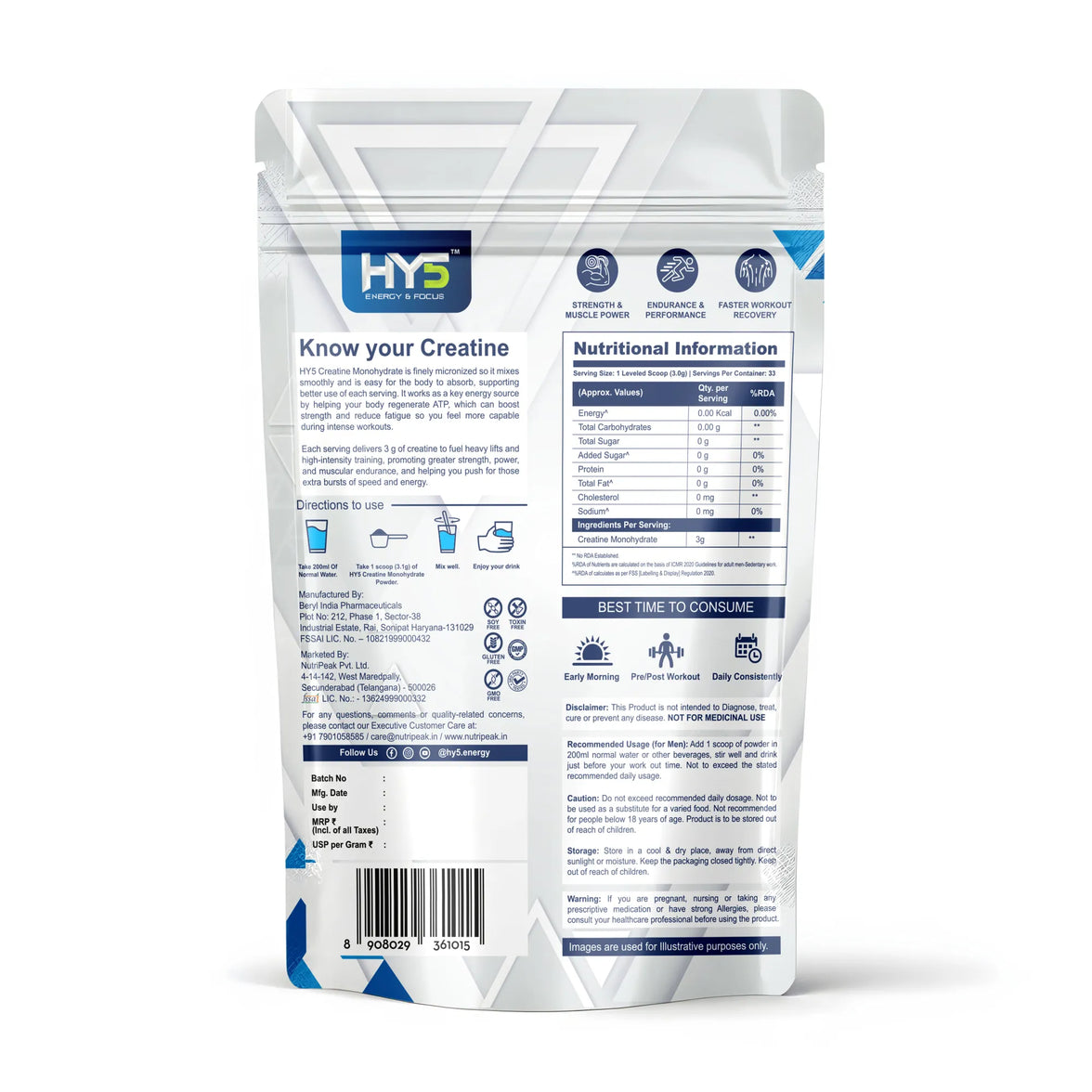 HY5 Micronized Creatine Monohydrate — 200 Mesh Hyperpure | 100g | 33 Servings