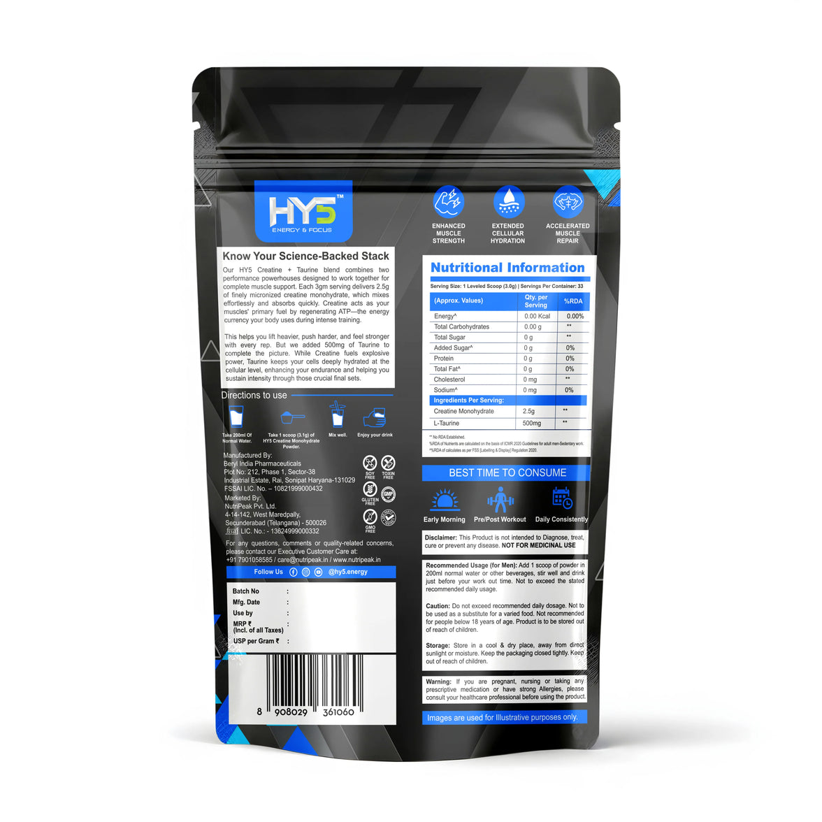 HY5 Micronized Creatine Monohydrate + Taurine — Enhanced Hydration & Strength | 100g | 33 Servings