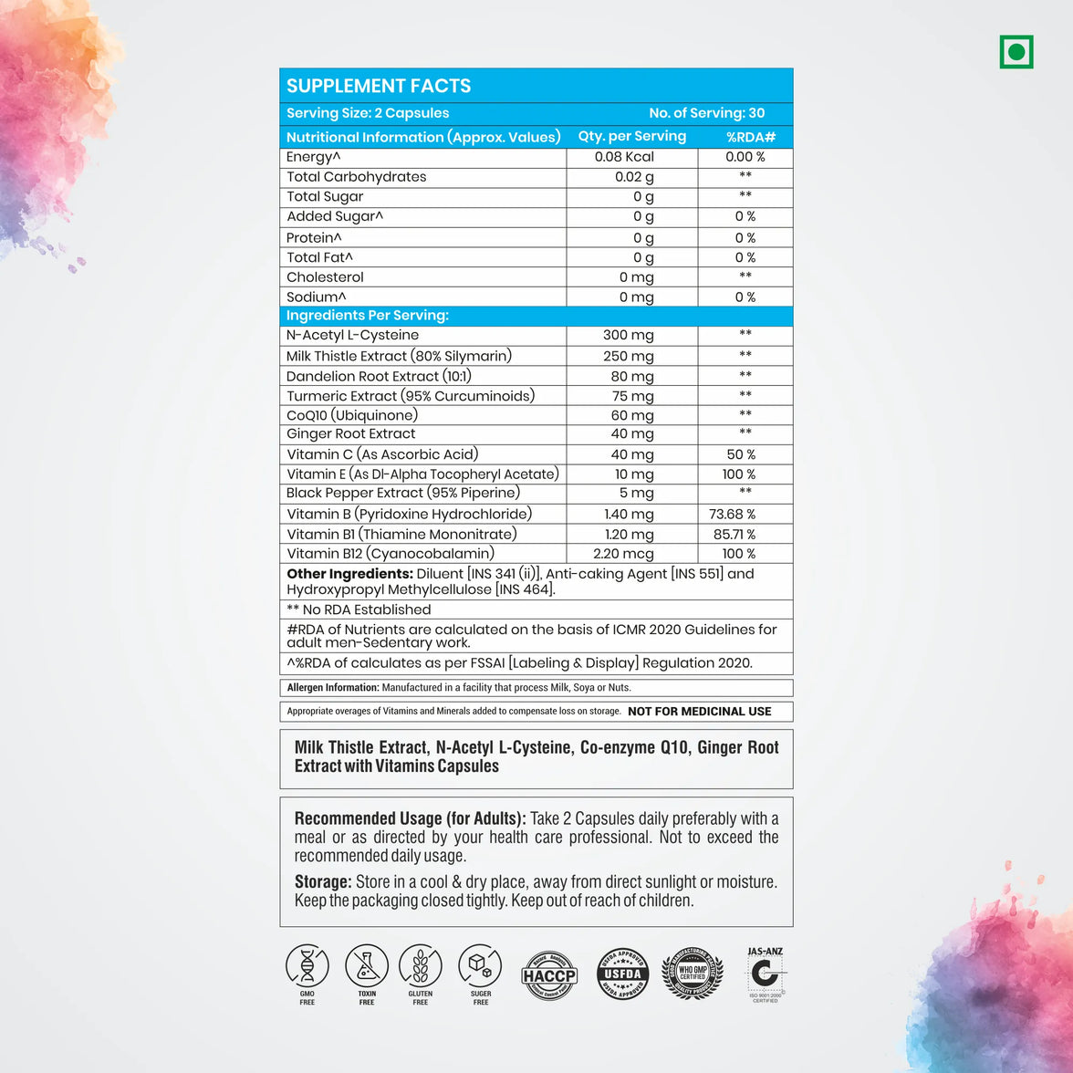 Liver & Kidney Detox Capsules — Milk Thistle NAC & CoQ10 | 60 Veg Capsules