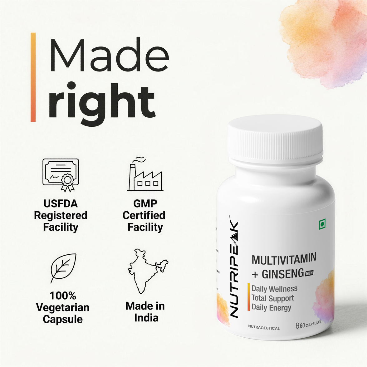 NutriPeak men's multivitamin certifications — GMP certified, USFDA-registered, gluten free, GMO free