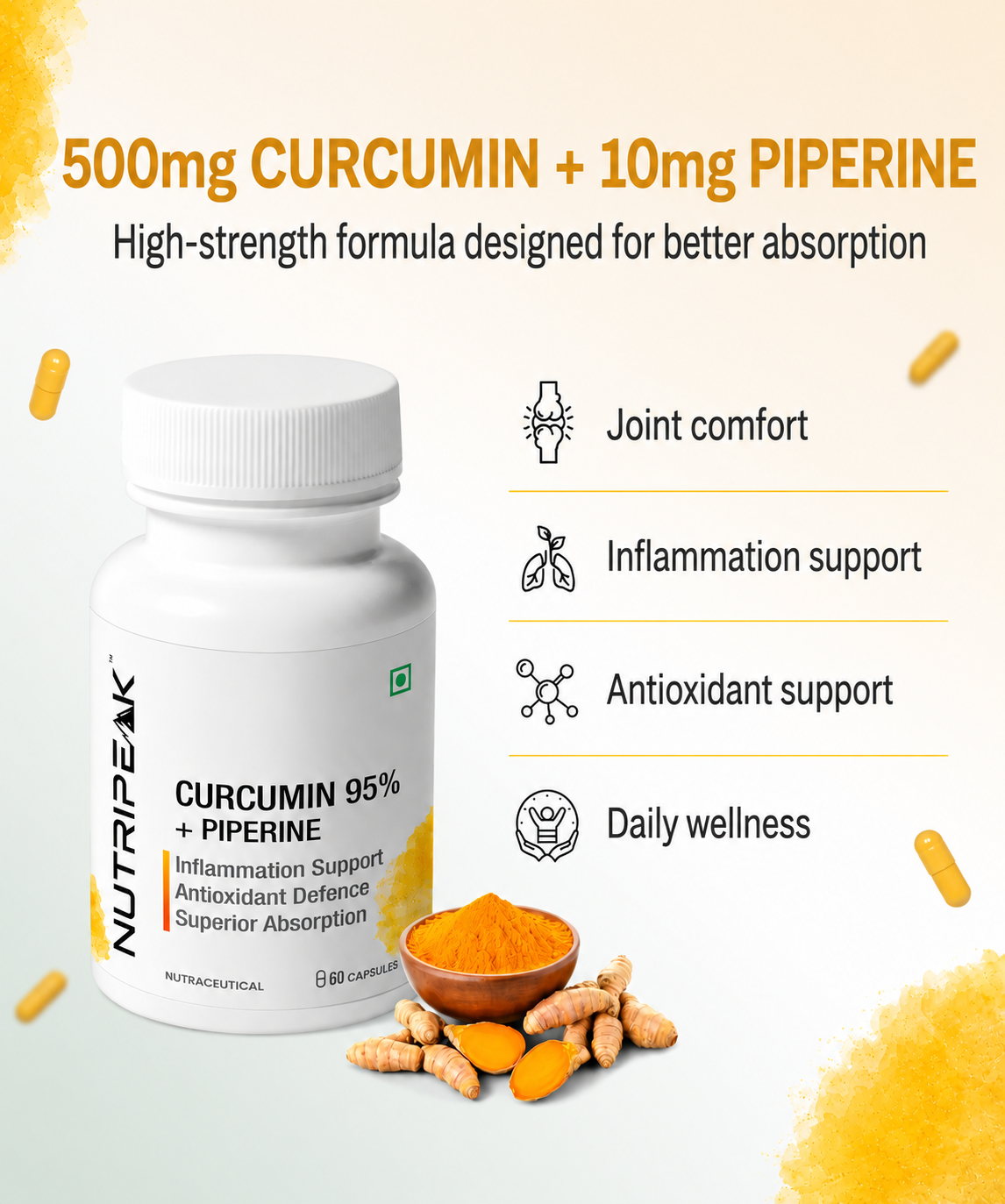 Curcumin 95% + Piperine Capsules — Joint & Antioxidant Support | 60 Veg Capsules