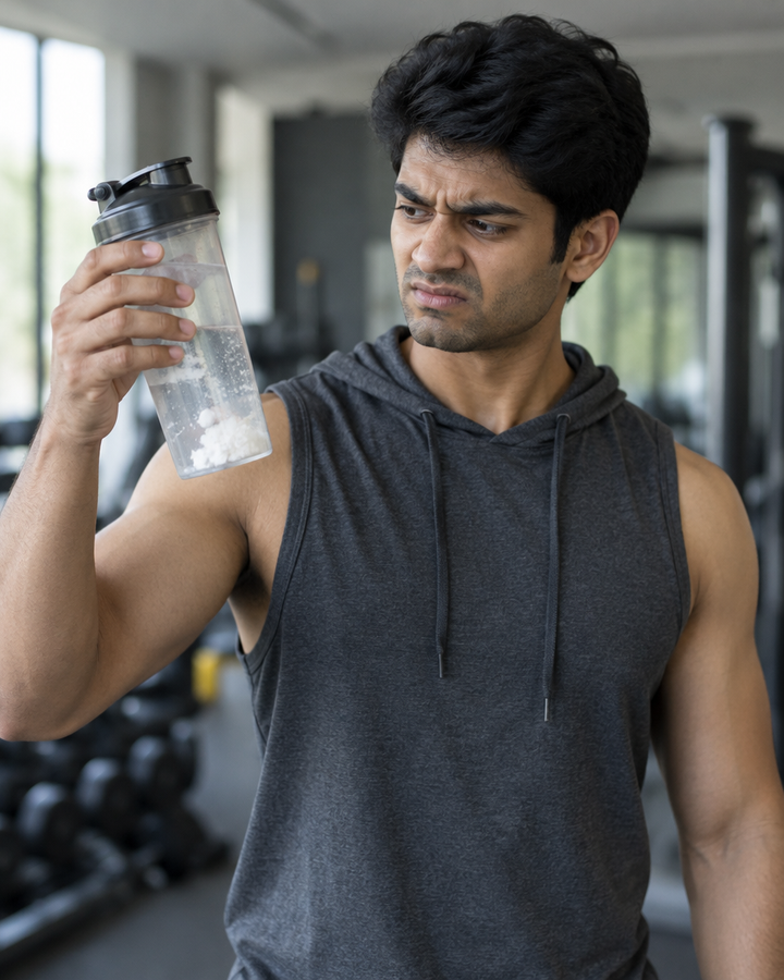 Man frowning at undissolved powder clumps in a shaker bottle
