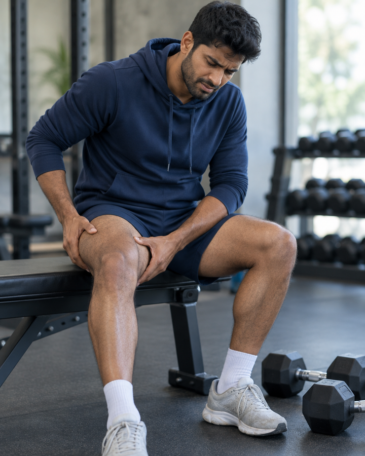 Man on a gym bench rubbing his sore thighs
