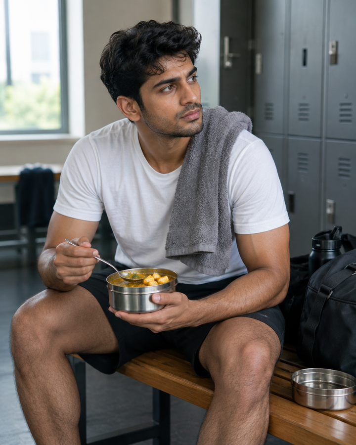 Man eating dal and paneer from a tiffin after a workout