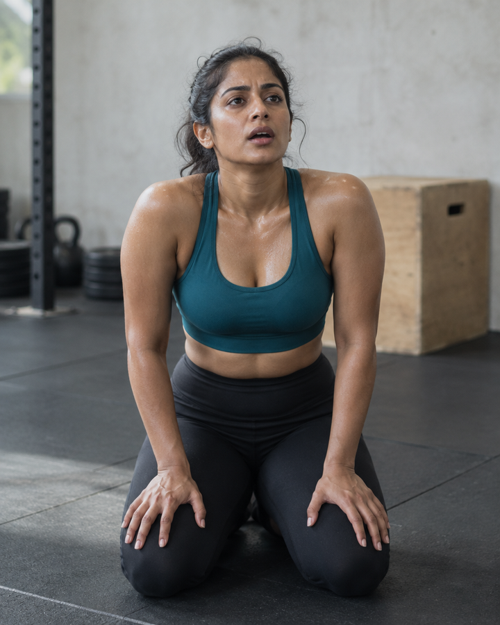 Woman kneeling and catching her breath between HIIT rounds