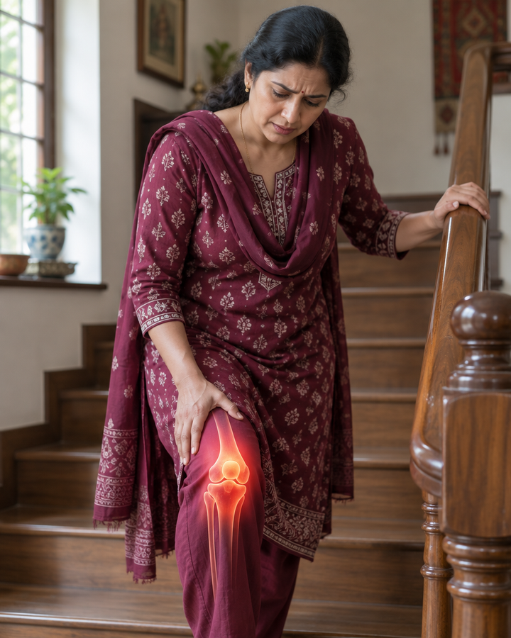 Woman on a staircase pressing her knee