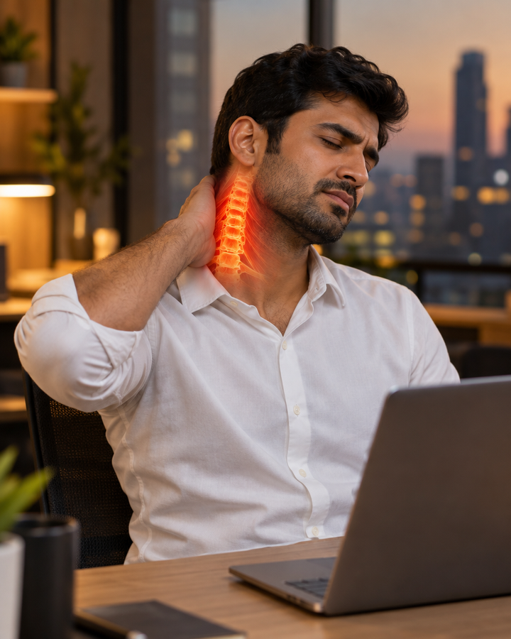 Man at a laptop rubbing his stiff neck after a long workday