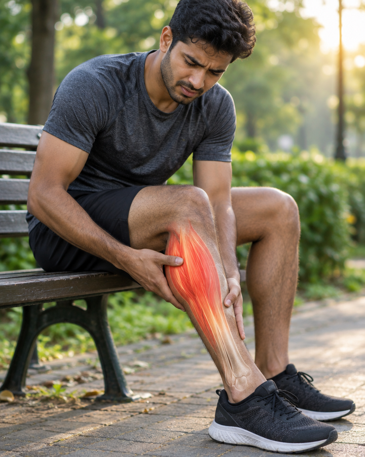 Man stretching a sore calf after a morning run