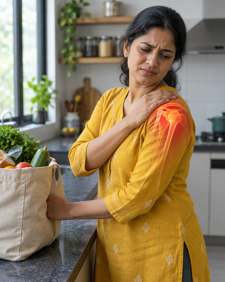 Woman in a kitchen pressing her shoulder after lifting a grocery bag