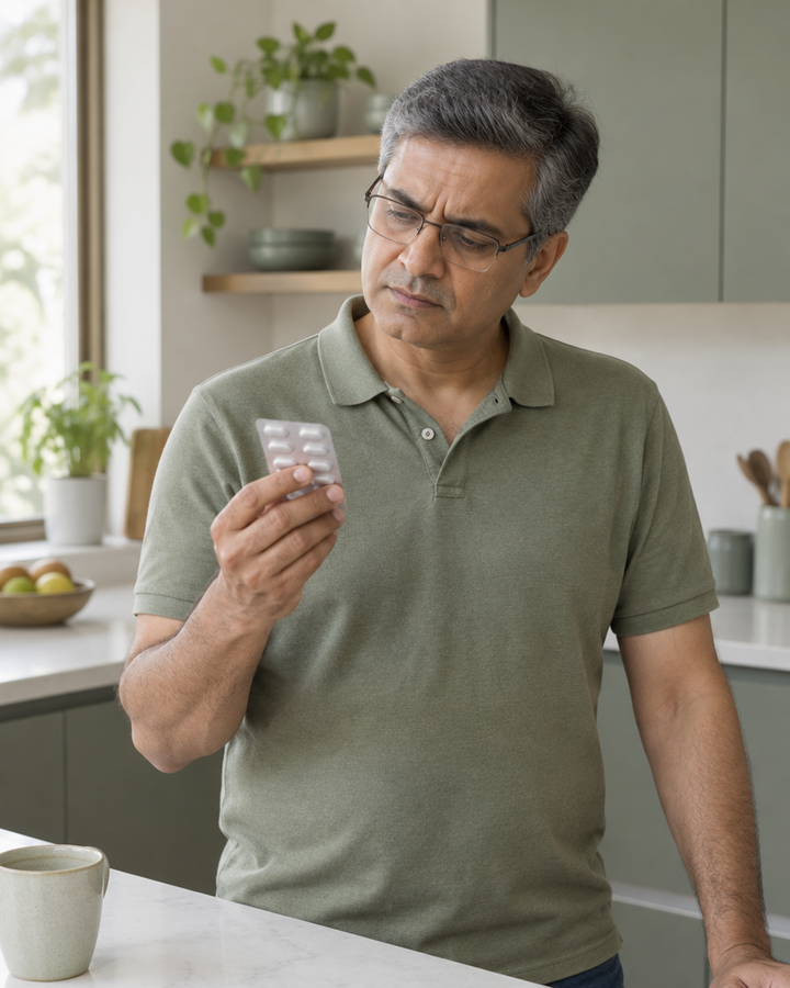 Man in his 50s in a kitchen reading a tablet strip