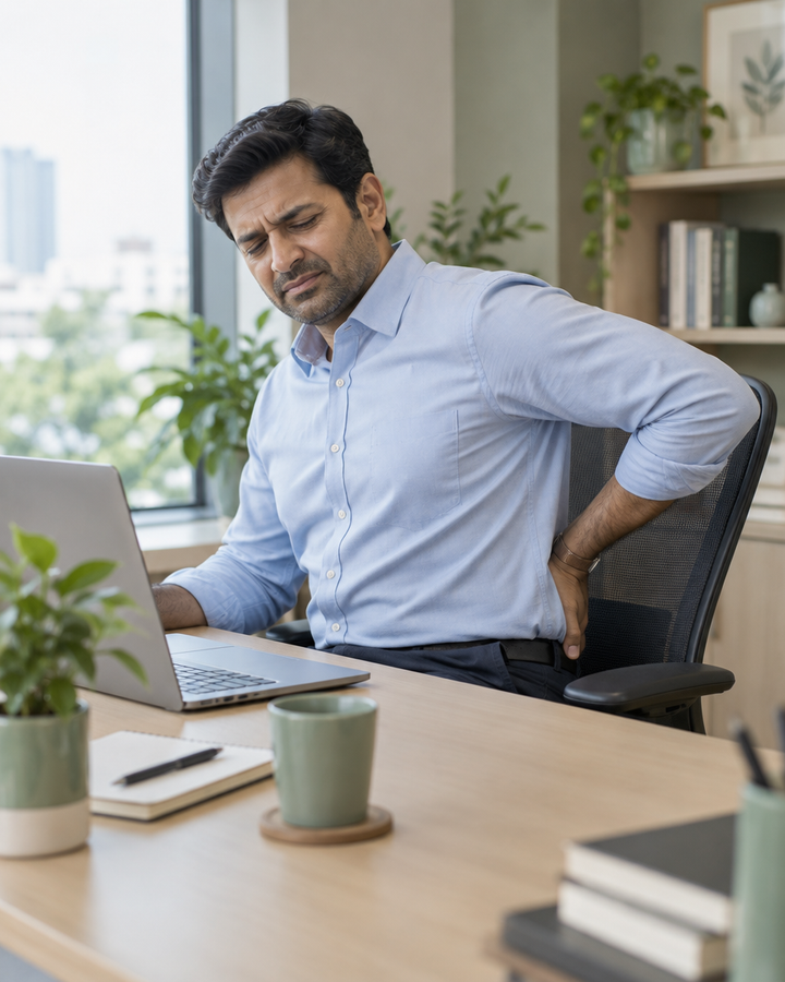 Man at an office desk holding his lower back after long hours of sitting