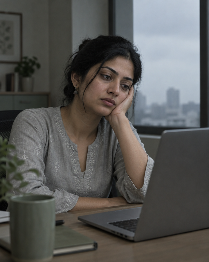 Woman working at a laptop in a dim office with little sunlight
