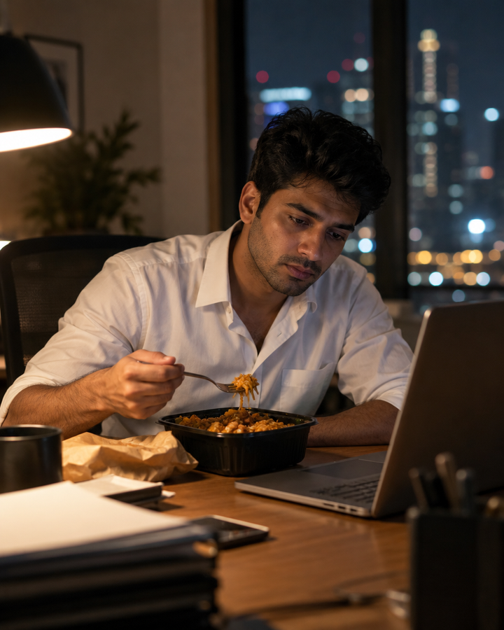 Man eating oily takeout food at his office desk late in the evening