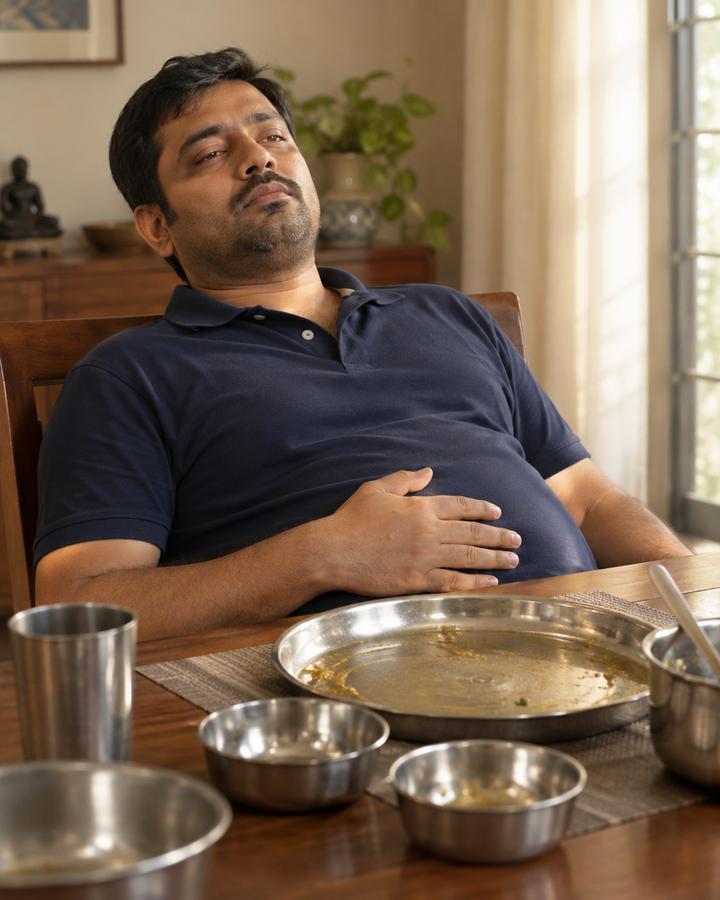 Man at a dining table after a heavy meal, hand on his upper stomach