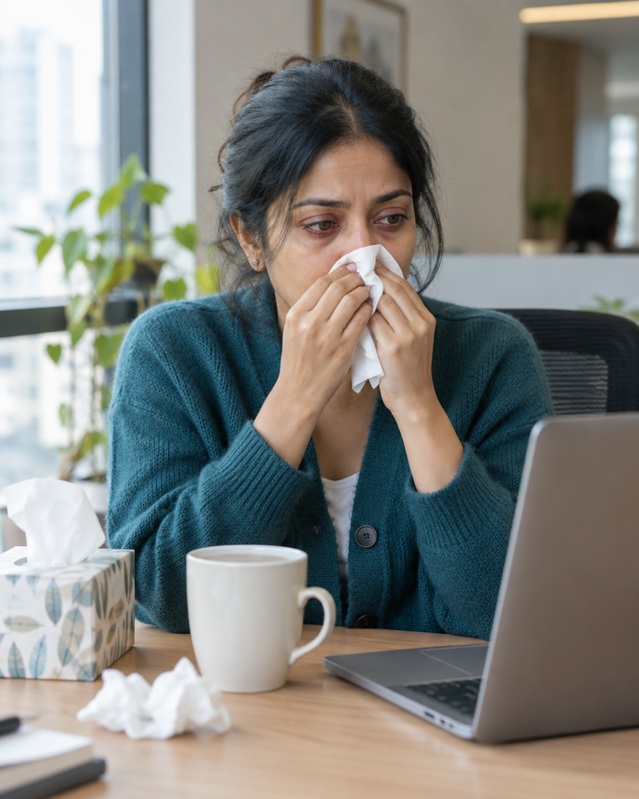 Woman at her office desk with a cold, holding a tissue