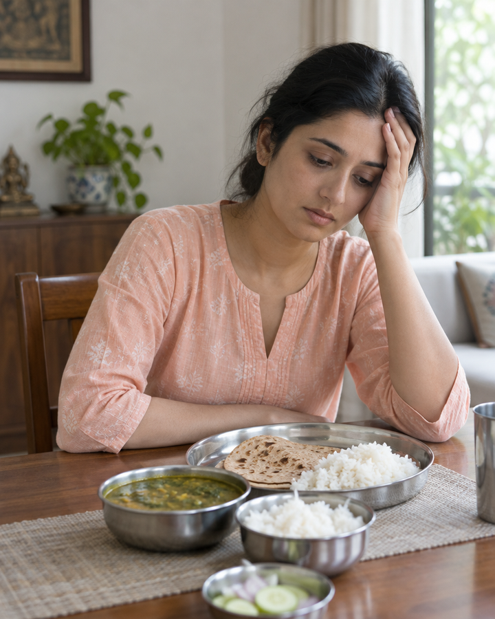 Woman with low energy at a vegetarian lunch with palak dal