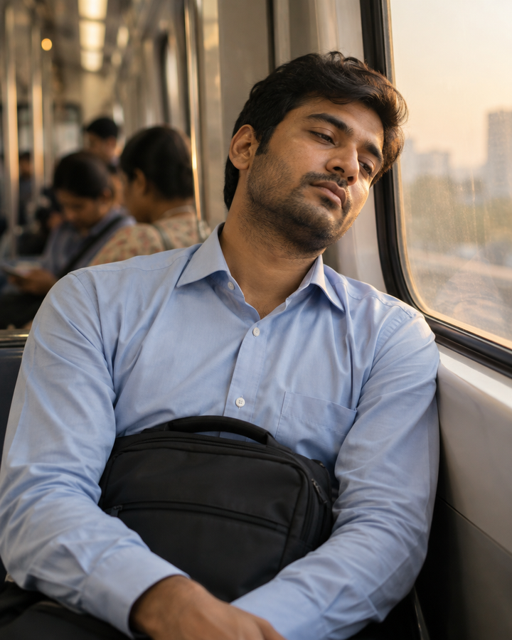 Exhausted man dozing against the window of a metro train